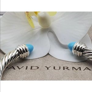 David Yurman Silver Cable Cuff  with Turquoise Blue Terminals and Pave Diamonds
